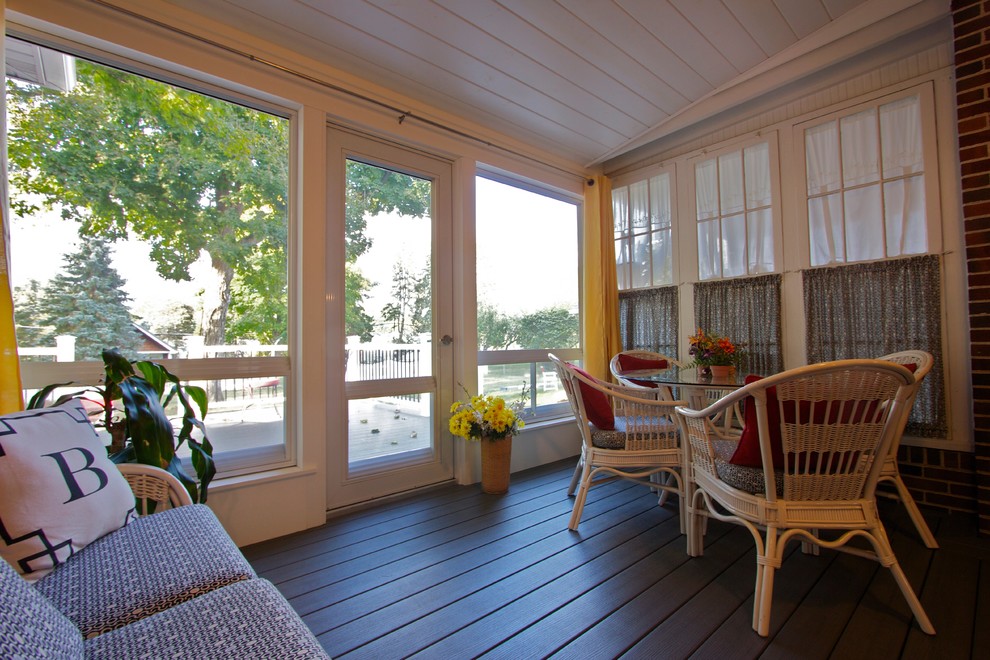 Idéer för en liten klassisk innätad veranda på baksidan av huset, med takförlängning