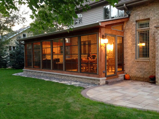 Screen Porch with Fireplace & Patio with Fire Pit - Rustic - Porch -  Chicago - by Archadeck of Chicagoland | Houzz