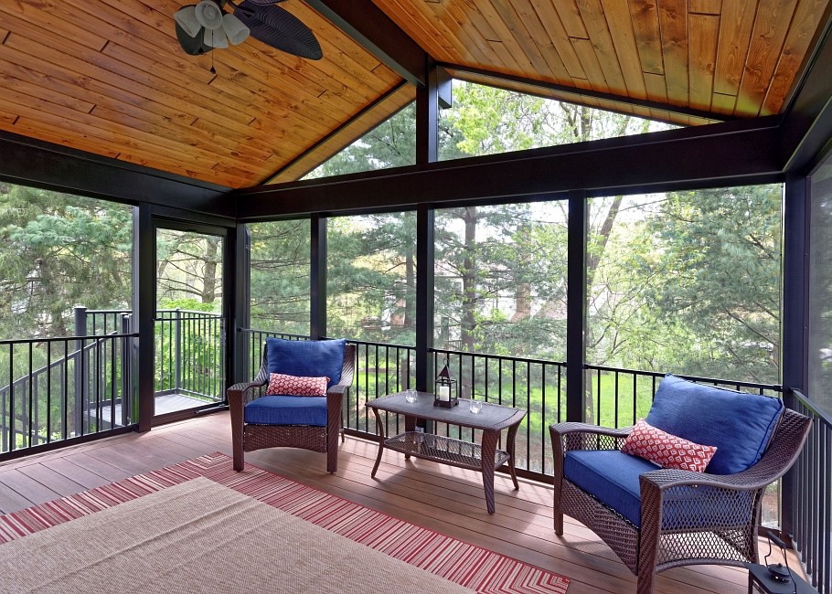 This is an example of a large traditional back screened veranda in DC Metro with decking and a roof extension.