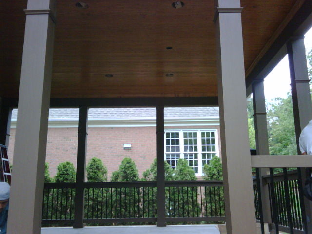 Foto di un portico tradizionale di medie dimensioni e dietro casa con un portico chiuso, un tetto a sbalzo e parapetto in metallo