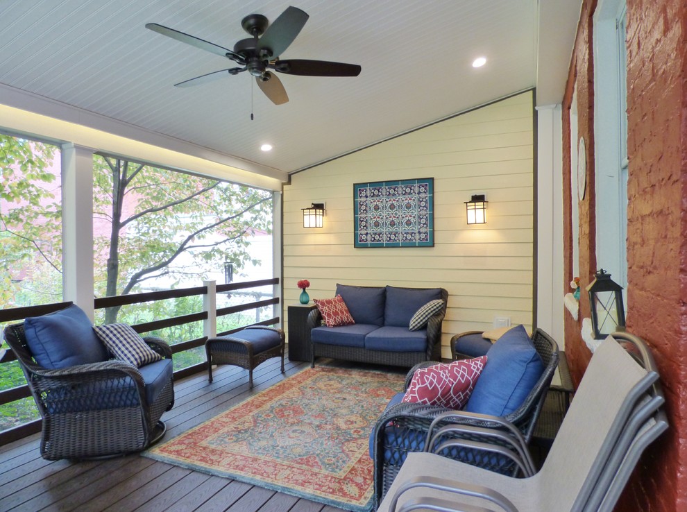 Mid-sized elegant screened-in back porch photo in Other with decking and a roof extension