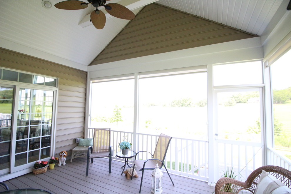 Inspiration for a mid-sized timeless concrete screened-in back porch remodel in Other with a roof extension