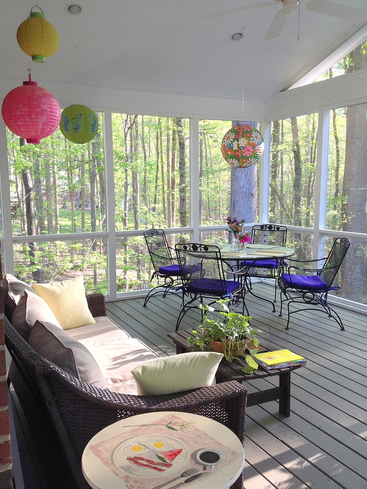 Large elegant screened-in back porch photo in Raleigh with decking and a roof extension