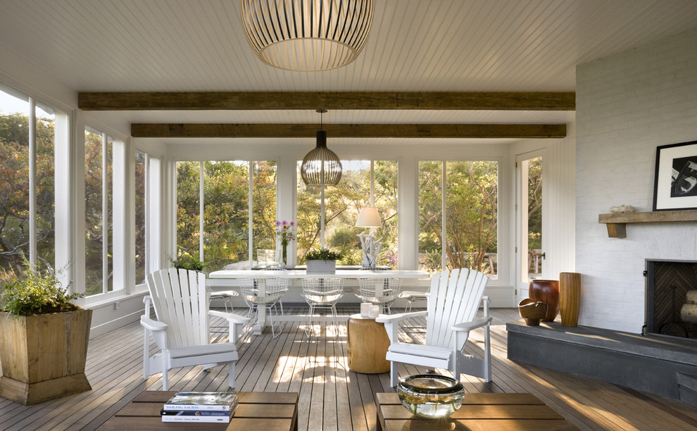 Inspiration for a coastal veranda in Boston with all types of cover.