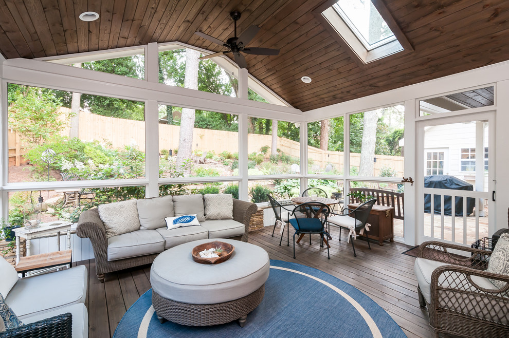 Design ideas for a back screened veranda in Atlanta with a roof extension.