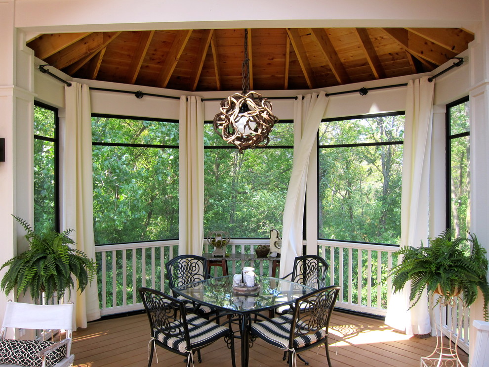Exempel på en klassisk innätad veranda, med trädäck och takförlängning