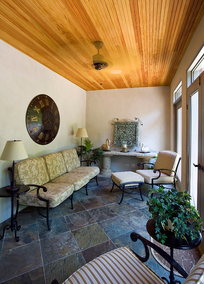 Screened Porch with Rustic Gold Slate Tile Floor and Beadboard Ceiling