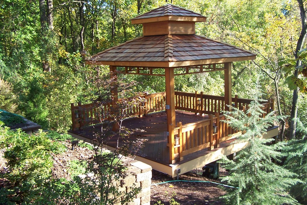 Inspiration for a mid-sized back porch remodel in DC Metro with decking and a pergola