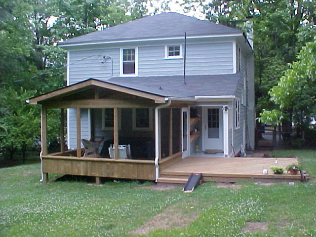 Design ideas for a medium sized back screened veranda in Raleigh with decking and a roof extension.