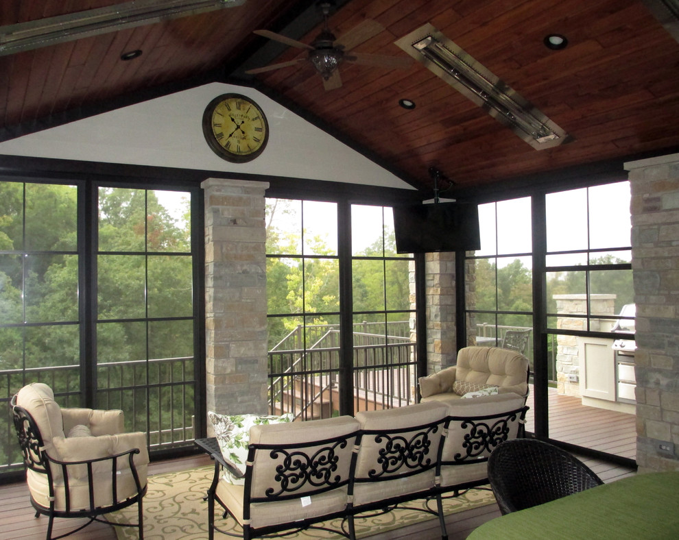 Inspiration for a mid-sized timeless screened-in back porch remodel in St Louis with a roof extension and decking