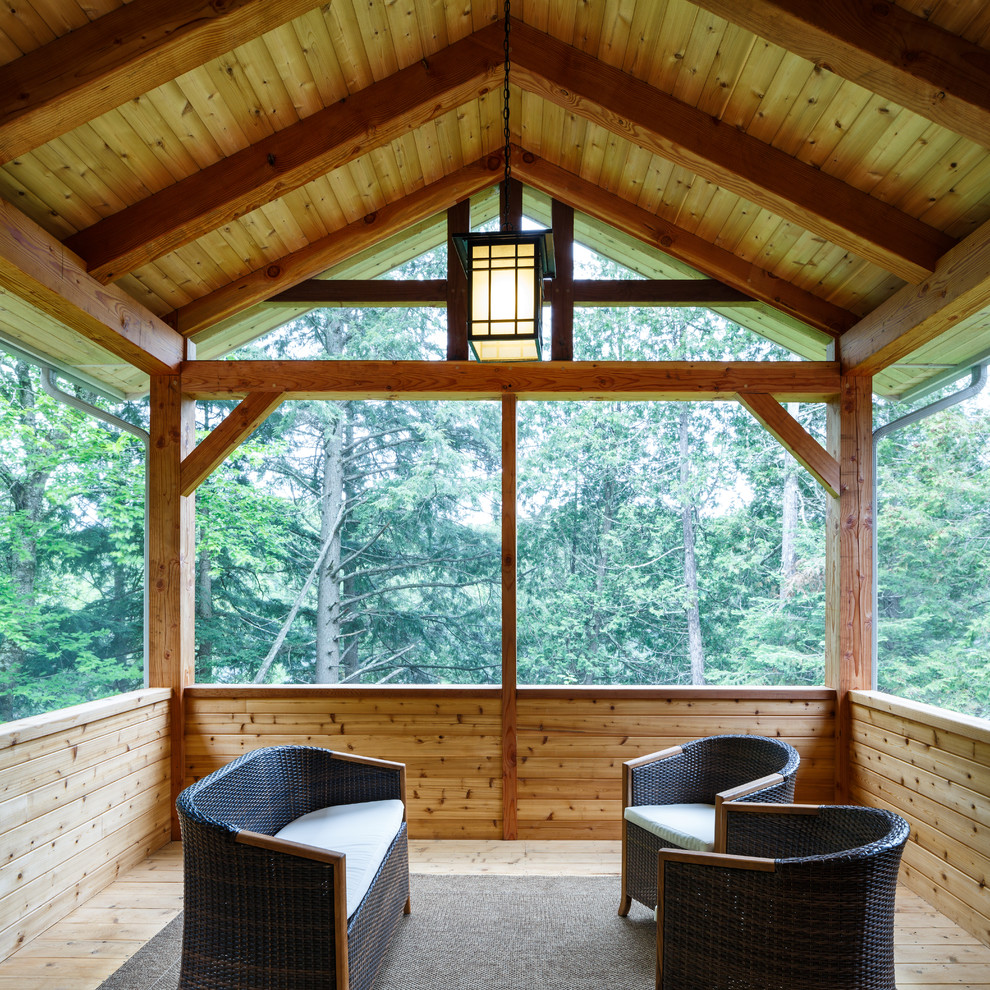 Small mountain style screened-in back porch idea in Ottawa with a roof extension and decking