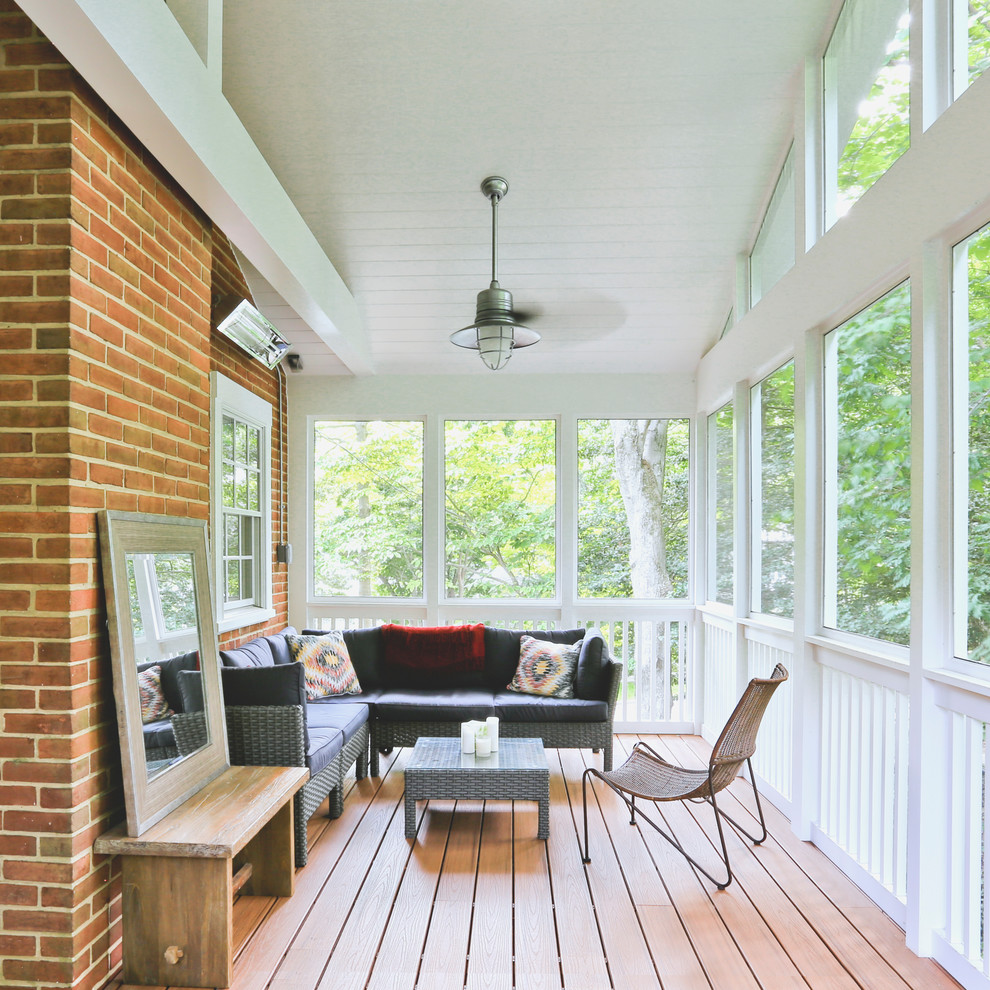 Inspiration för en mellanstor funkis innätad veranda längs med huset, med takförlängning