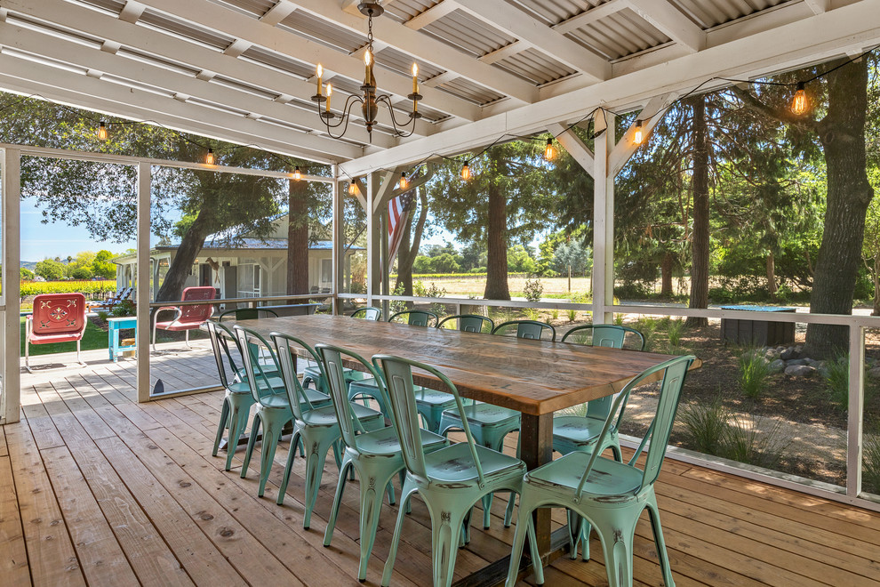 Design ideas for a rural back screened veranda in San Francisco with decking and a roof extension.