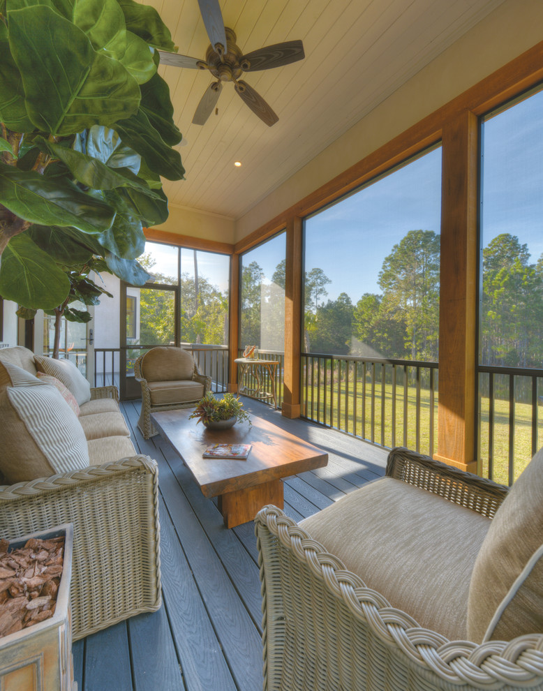 Inspiration for a coastal screened-in porch remodel in Jacksonville with decking and a roof extension