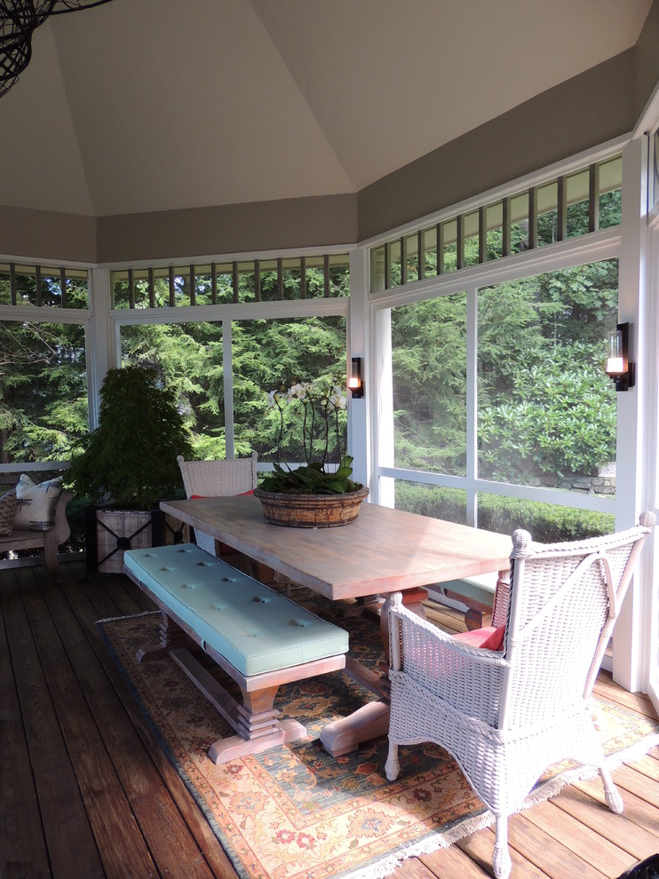 Exempel på en mellanstor eklektisk veranda på baksidan av huset, med trädäck