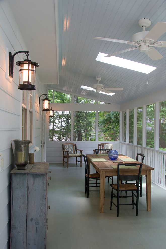 Exempel på en stor klassisk innätad veranda på baksidan av huset, med trädäck och takförlängning