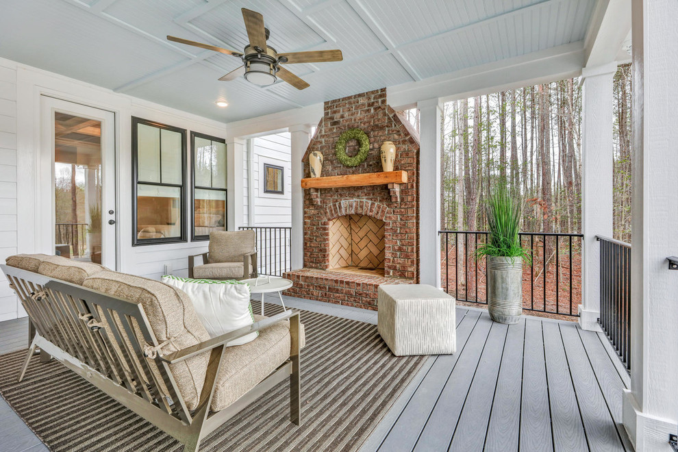 Large arts and crafts back porch idea in Richmond with a fire pit, decking and a roof extension