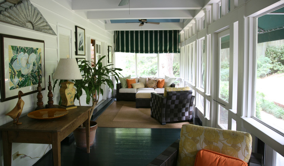 Inspiration for a classic screened veranda in Other with a roof extension.