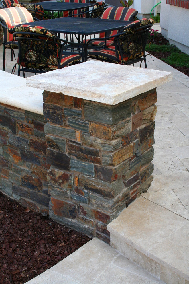 Travertine Porch, Copper Veneer Stone Column with Travertine Caps