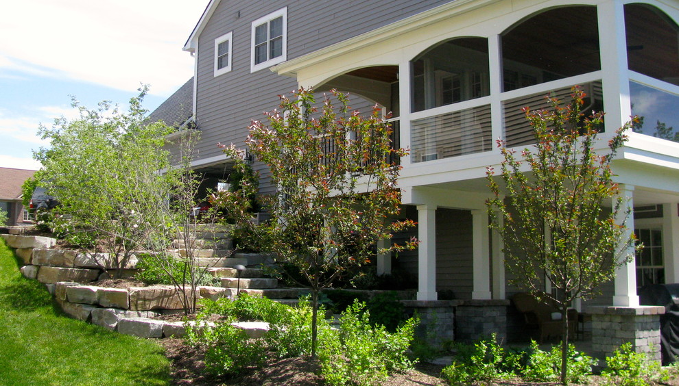 Upper Level Screened Porch with Patio Space Below Modern Porch