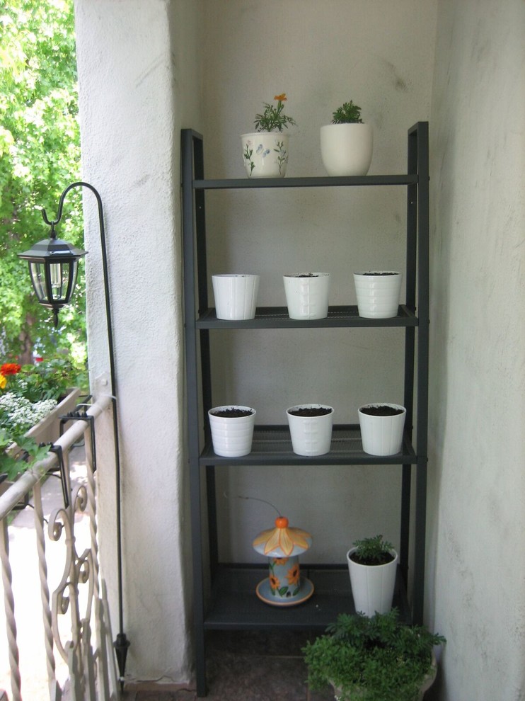 Foto di un piccolo portico classico nel cortile laterale con un giardino in vaso, pedane e un tetto a sbalzo