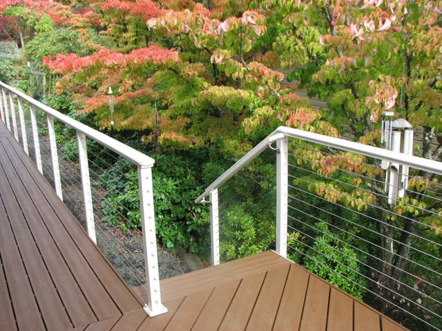 White Aluminum Post and Round Shaped Top Rail with Stainless Cable Infill -  Traditional - Porch - Seattle - by Stainless Cable & Railing, Inc.