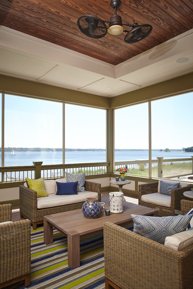 Inspiration for a beach style screened veranda in Grand Rapids with decking and a roof extension.