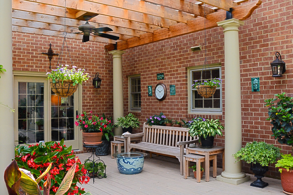 Esempio di un portico tradizionale di medie dimensioni e dietro casa con un giardino in vaso, pedane e una pergola