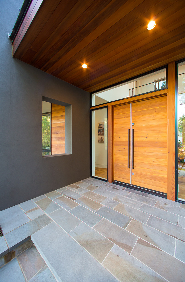 Immagine di un portico minimalista di medie dimensioni e davanti casa con pavimentazioni in cemento e un tetto a sbalzo