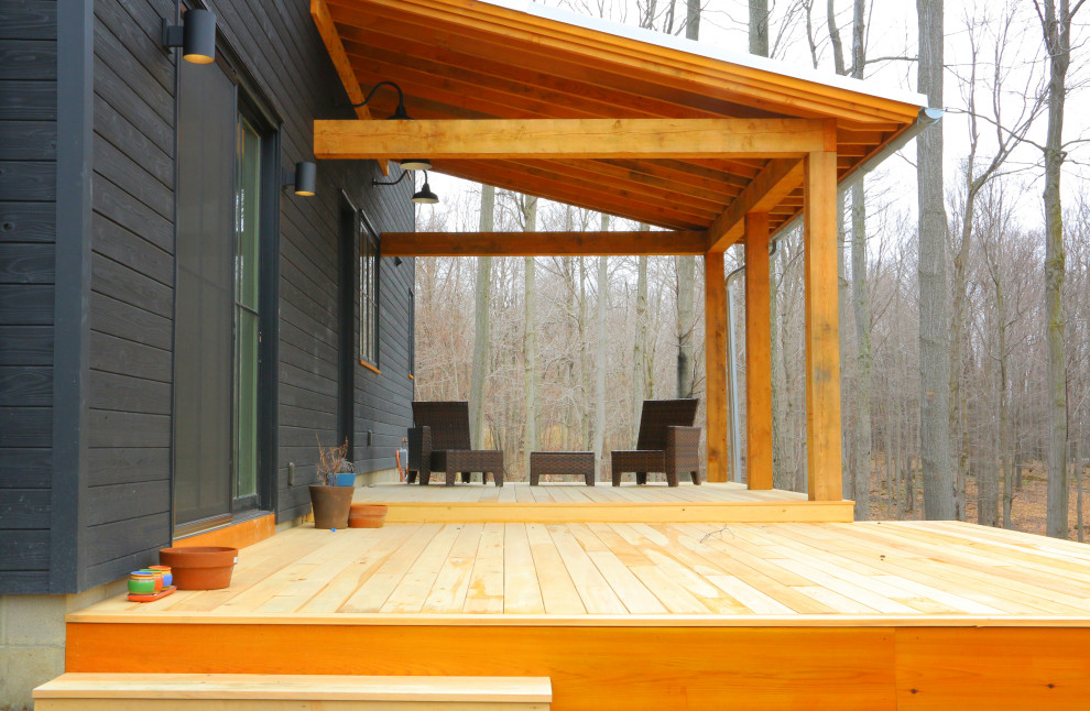 Cette photo montre un porche d'entrée de maison nature de taille moyenne avec une terrasse en bois et une extension de toiture.