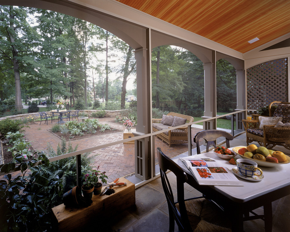 Inspiration for a classic veranda in New York with a roof extension and all types of cover.