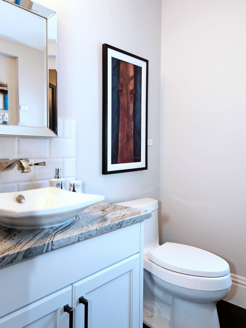 Inspiration for a medium sized traditional cloakroom in Calgary with white cabinets, a one-piece toilet, grey walls, porcelain flooring, flat-panel cabinets, white tiles, ceramic tiles and a vessel sink.