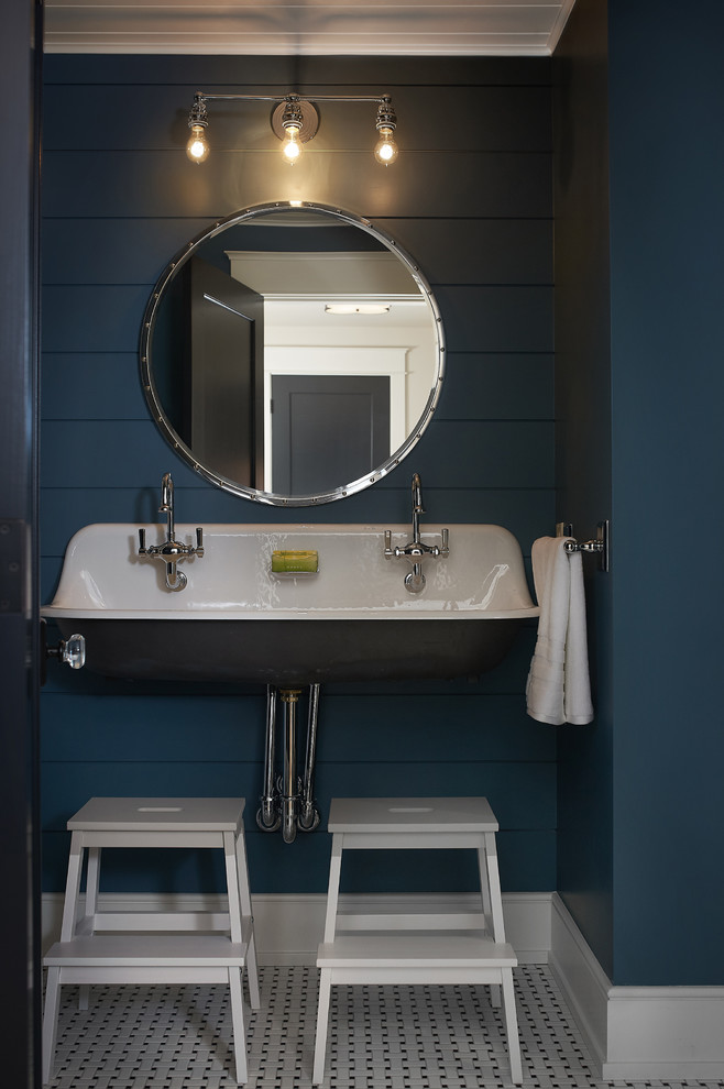 Inspiration for a medium sized coastal cloakroom with blue walls, porcelain flooring, a trough sink and white floors.