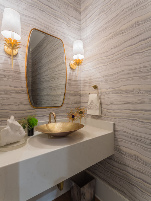 Neutral Elegance: Powder Room with Shiny Brass Accents - Bathroom Wallpaper Ideas