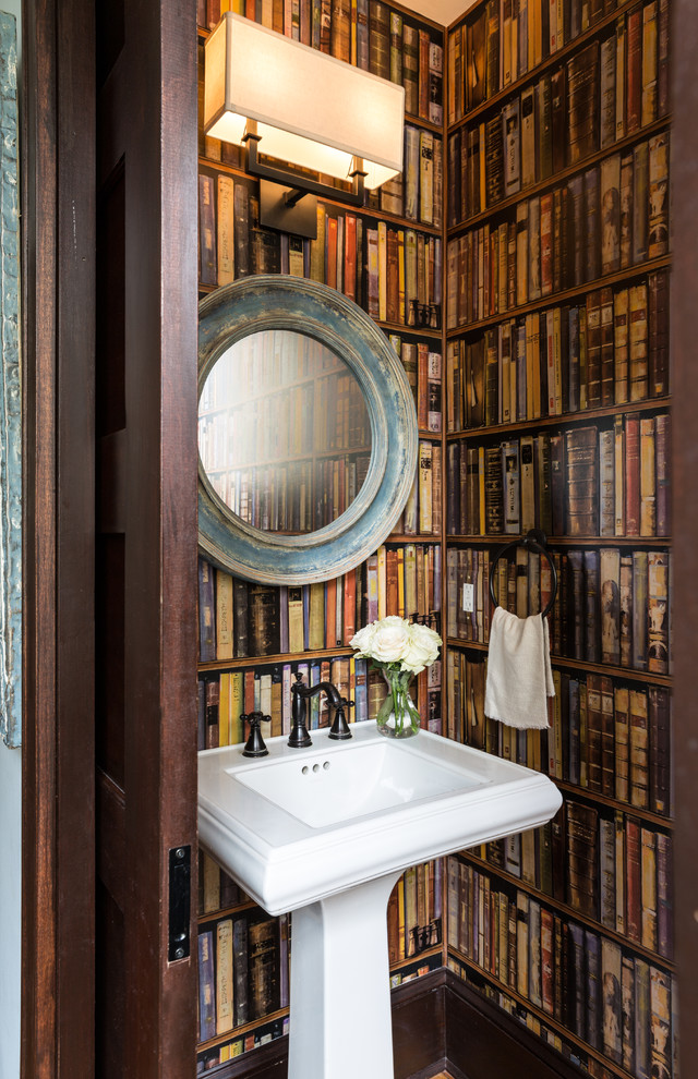 Inspiration for a large timeless powder room remodel in DC Metro with brown walls