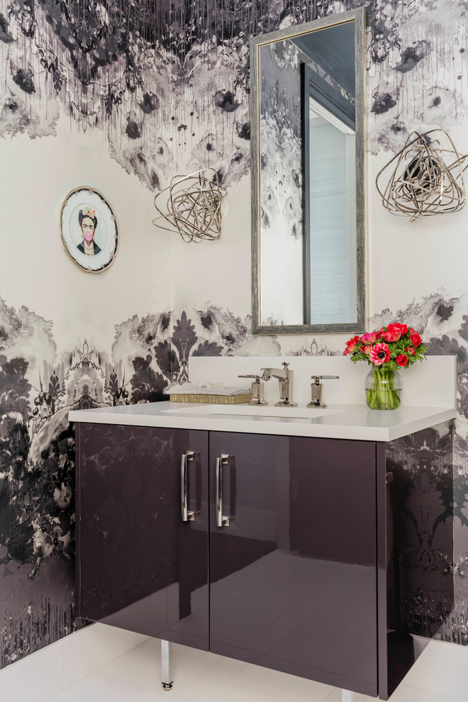 Medium sized contemporary cloakroom in Boston with flat-panel cabinets, grey cabinets, marble flooring, a submerged sink, engineered stone worktops, white floors, white worktops and multi-coloured walls.