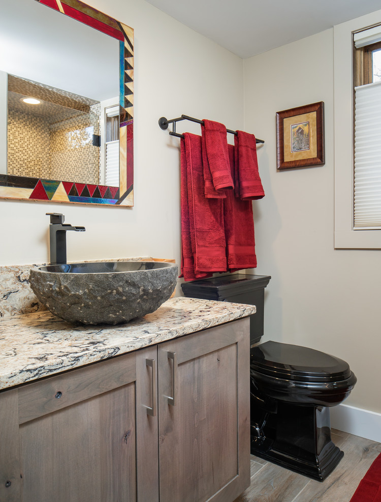 Powder room - small eclectic powder room idea in Denver with shaker cabinets, gray cabinets and quartz countertops