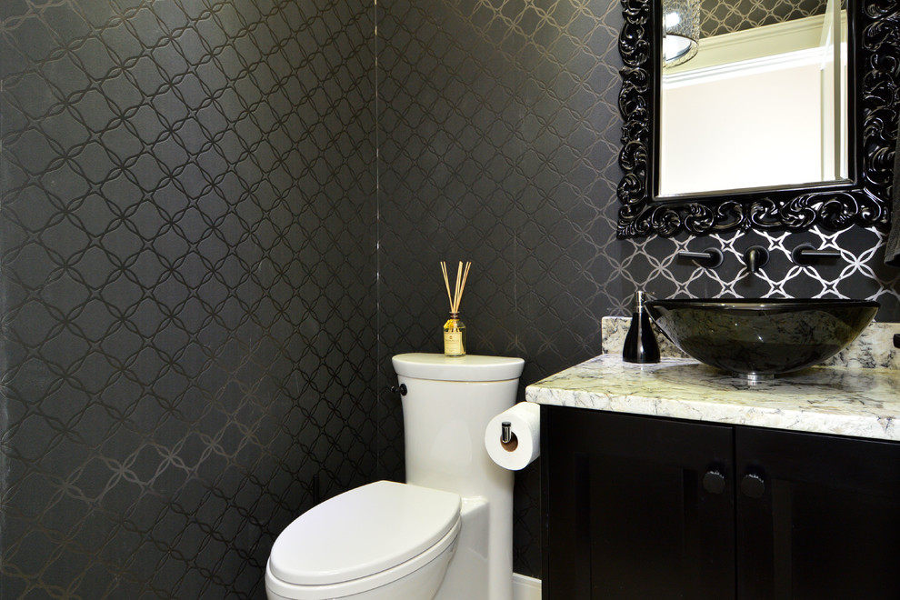 Classic cloakroom in Vancouver with a vessel sink, shaker cabinets, black cabinets, granite worktops, a one-piece toilet, grey tiles, porcelain tiles, black walls and porcelain flooring.