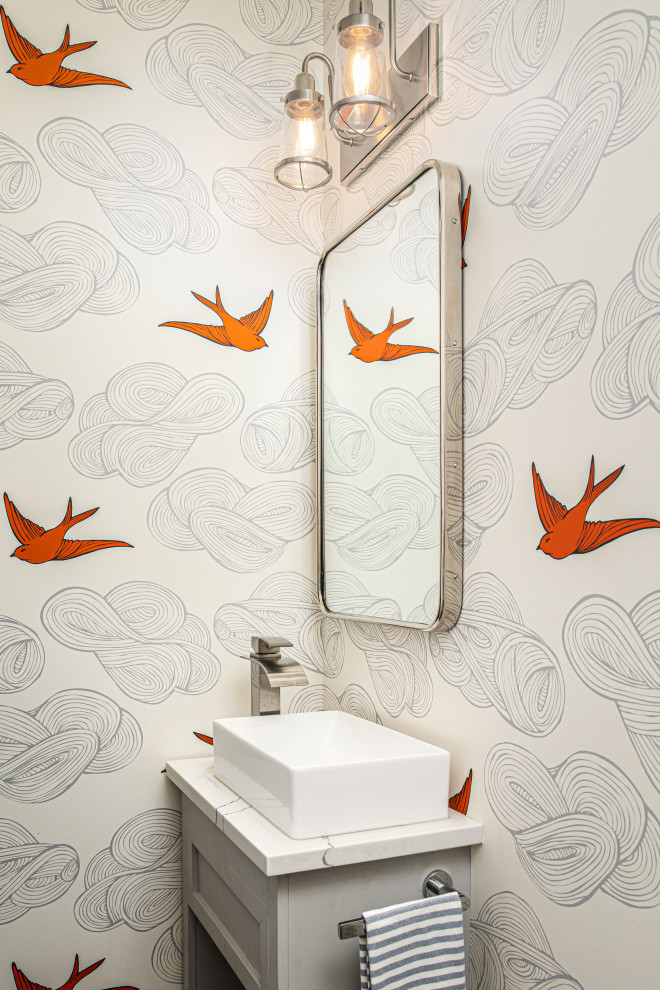 Inspiration for a classic cloakroom in DC Metro with shaker cabinets, grey cabinets, a vessel sink, engineered stone worktops and white worktops.