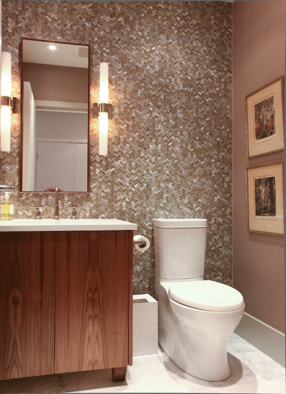 Powder room - large contemporary beige tile, gray tile, white tile and porcelain tile marble floor powder room idea in Orange County with flat-panel cabinets, dark wood cabinets, a two-piece toilet, beige walls, an undermount sink and quartz countertops