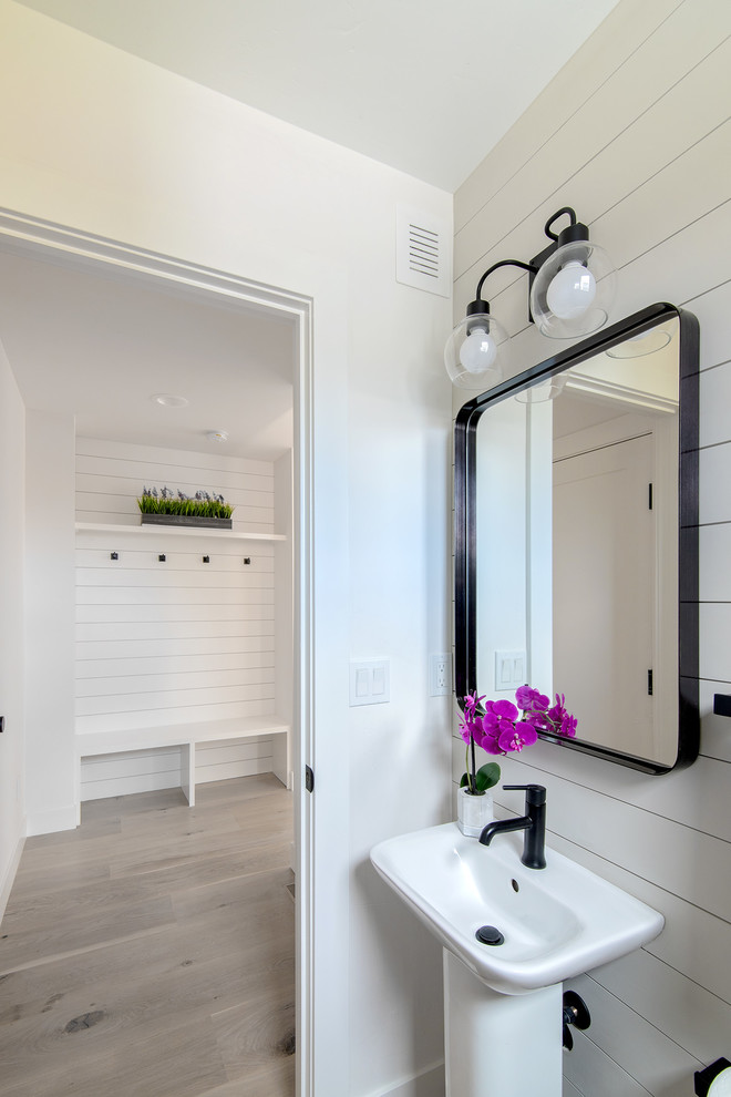 Small traditional cloakroom in Denver with light hardwood flooring and a pedestal sink.
