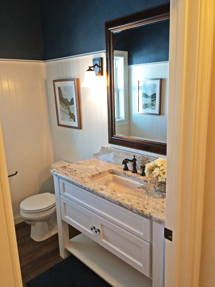 Inspiration för ett mellanstort funkis toalett, med ett undermonterad handfat, möbel-liknande, vita skåp, granitbänkskiva och blå väggar