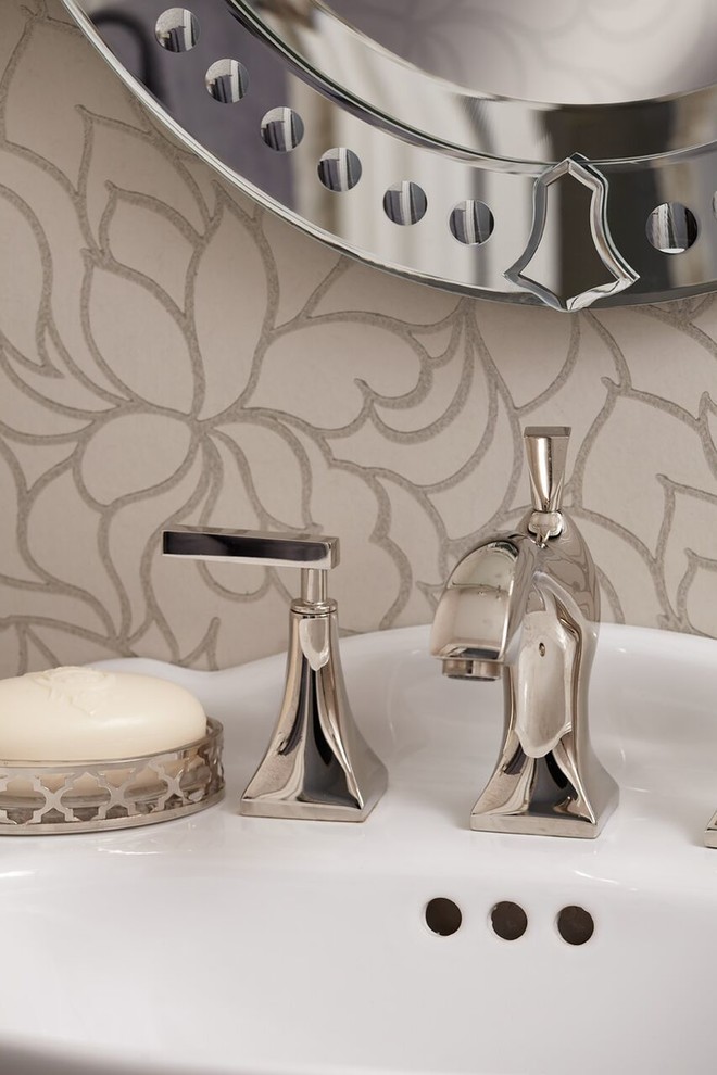 Example of a small classic ceramic tile powder room design in Toronto with a pedestal sink, a one-piece toilet and white walls