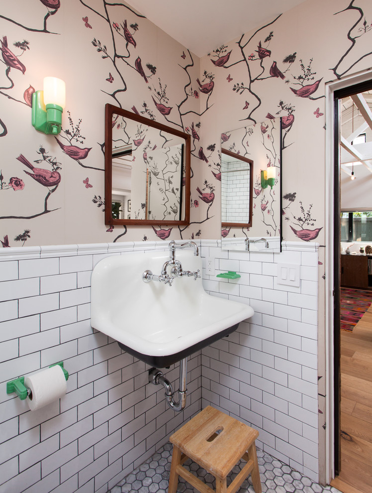 Small elegant white tile and subway tile marble floor and white floor powder room photo in Los Angeles with a wall-mount sink, a two-piece toilet and white walls
