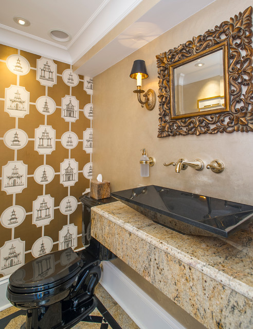 Asian themed powder room in black & gold - Asian - Powder Room - Boston ...