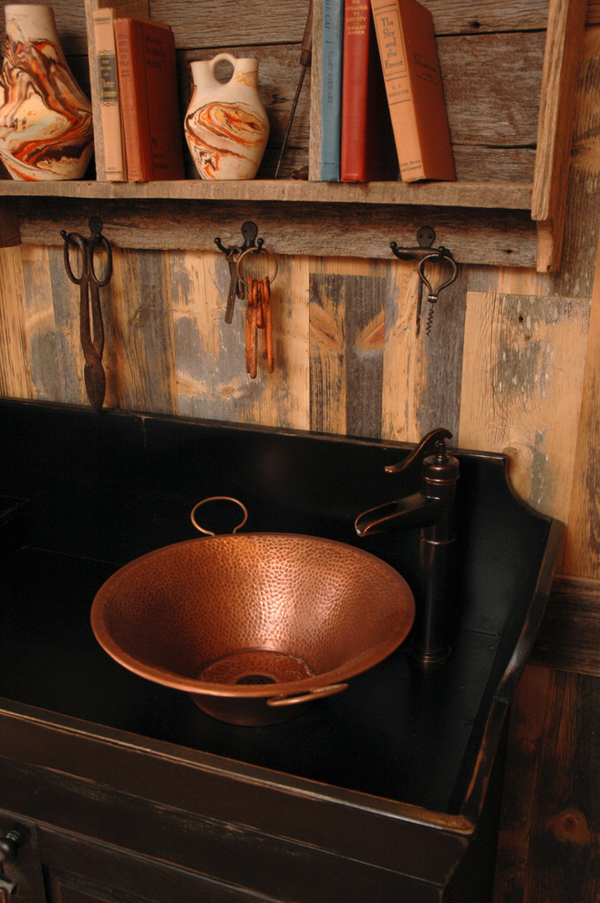 Mid-sized mountain style medium tone wood floor powder room photo in Cincinnati