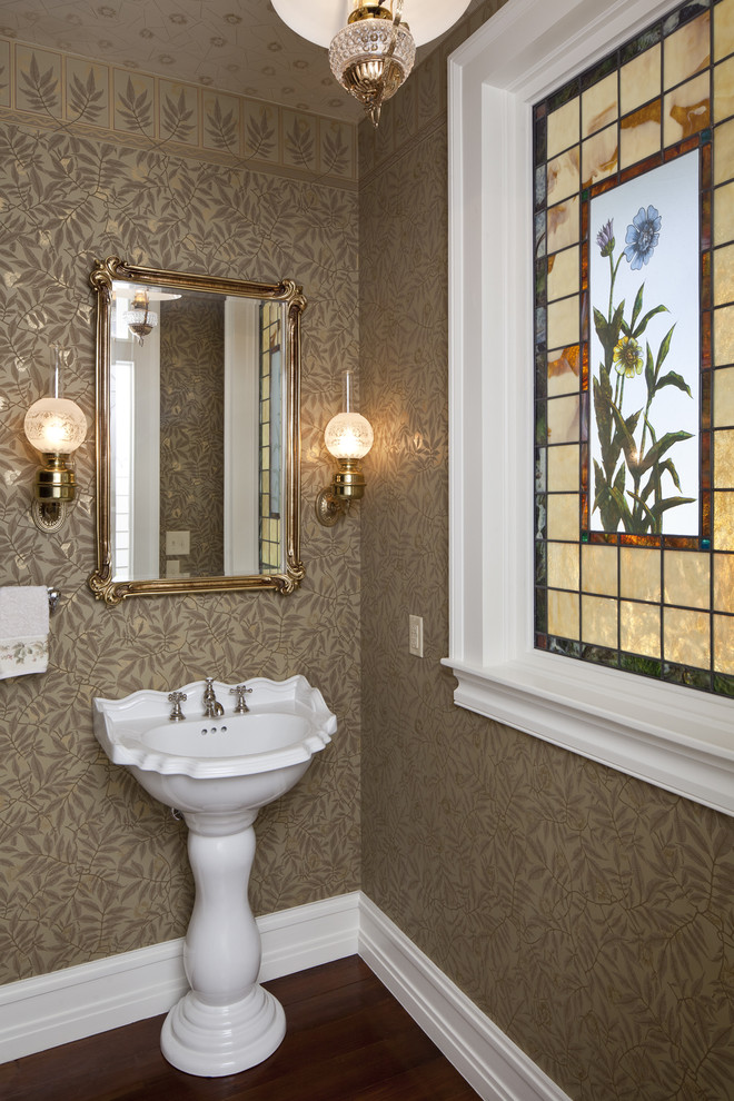 Inspiration for a victorian powder room remodel in Austin with a pedestal sink