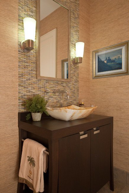 Inspiration for a mid-sized contemporary matchstick tile powder room remodel in Providence with flat-panel cabinets, dark wood cabinets, beige walls and a vessel sink