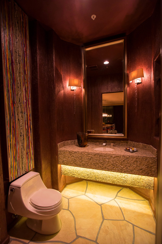 Moderne Gästetoilette mit Unterbauwaschbecken und Toilette mit Aufsatzspülkasten in Minneapolis