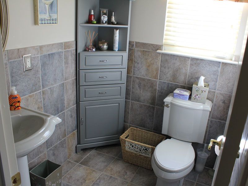 Example of a small classic beige tile, blue tile, gray tile and ceramic tile ceramic tile and multicolored floor powder room design in Philadelphia with raised-panel cabinets, gray cabinets, a two-piece toilet, gray walls and a pedestal sink